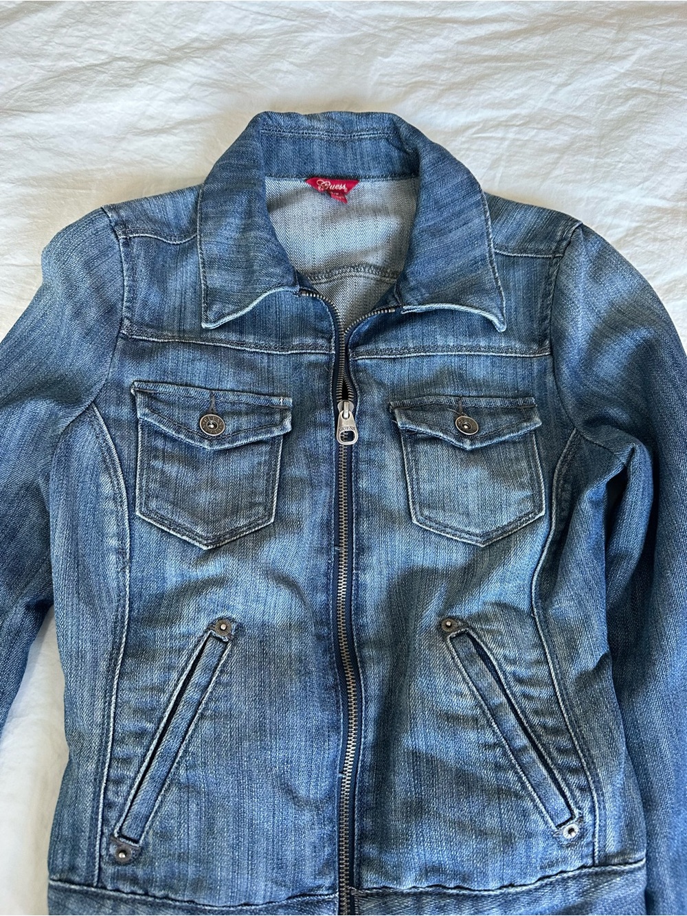 GUESS Distressed Blue Denim Jacket with Zip Front